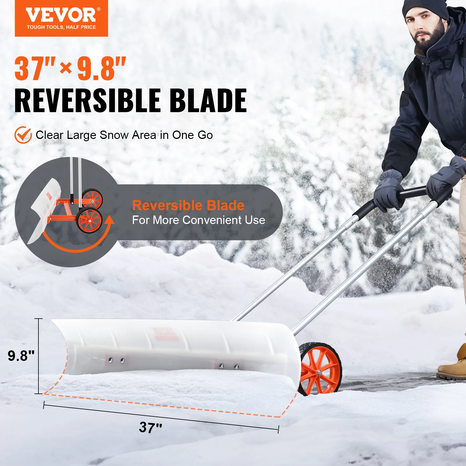 VEVOR Snow Shovel with Wheels 36in for Driveway Heavy Duty Shovel Pusher with Wide Blade and U-shaped Aluminum Alloy Handle 2