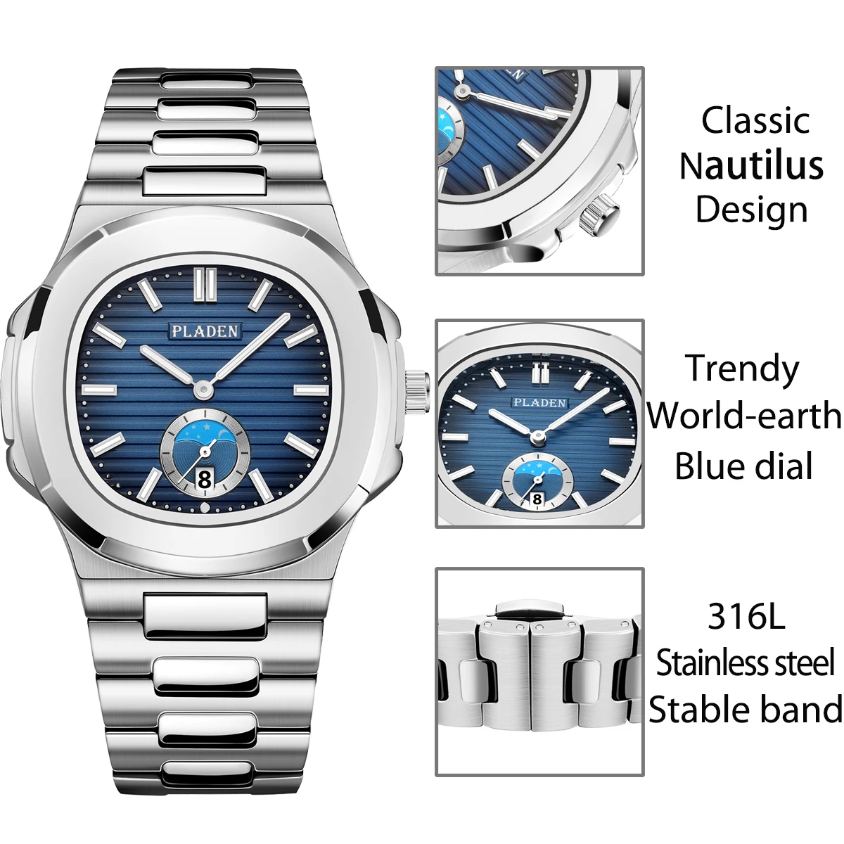 【With Leather Box】PLADEN Men Quartz Watches Steel Rectangular Classic Husband Watch Waterproof Calendar Relogio Masculino New