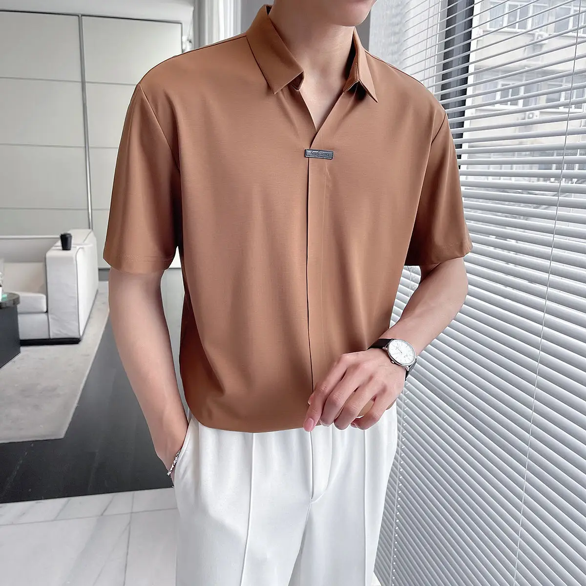 V-neck Short Sleeve Polo Shirts for Men Summer 2024 New Thin Ice Silk No Ironing Casual Loose Lapel Solid Color Mens Shirts
