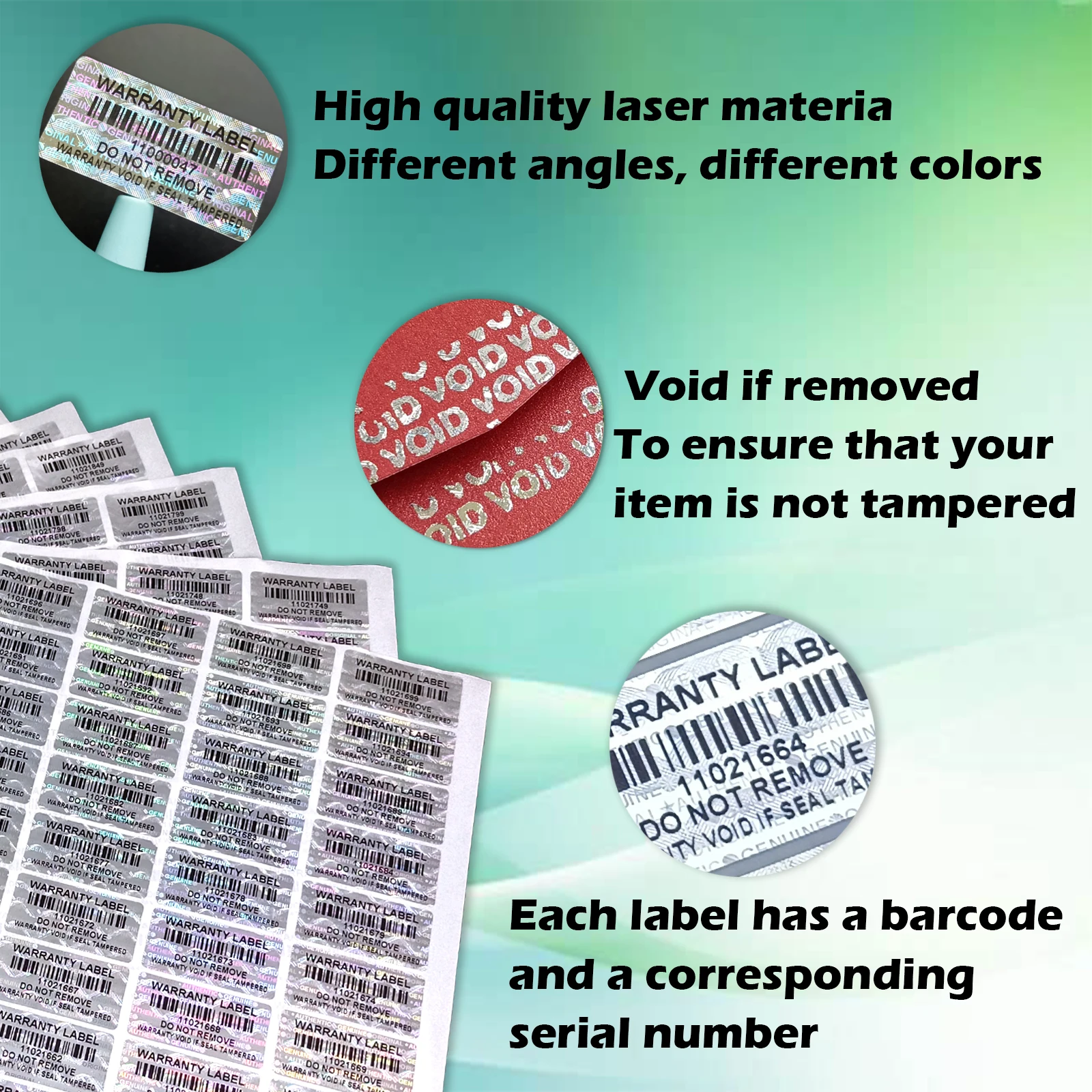 100 Warranty Void If Removed Hologram Security Stickers - Tamper Evident Barcode Labels (Black)