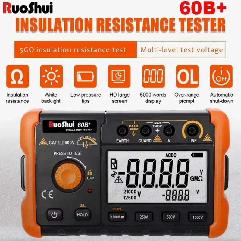Insulation Resistance Tester 60B+ 1000V Megohmmeter 5G&Omega; Ohm Meter Digital Ohmmeter Electrical Megometer resistance tester