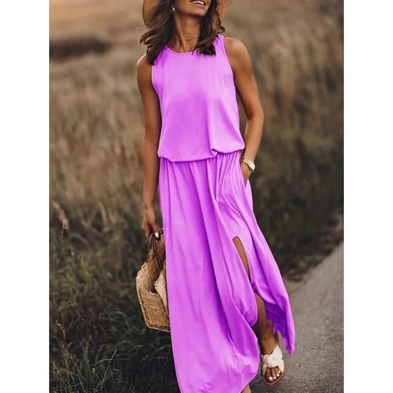 

Summer Dress for Women 2023 Elegant Fashion Sleeveless O Neck Slit Party Dress Casual Solid Color Loose Long Dress Streetwear