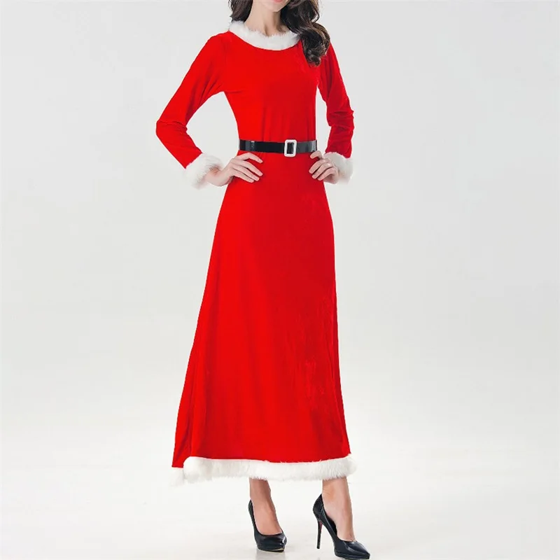Women Christmas Costume Mrs Claus Cosplay Dress Velvet Trim Patchwork Long Dress Party Costume with Belt Santa Hat and Gloves