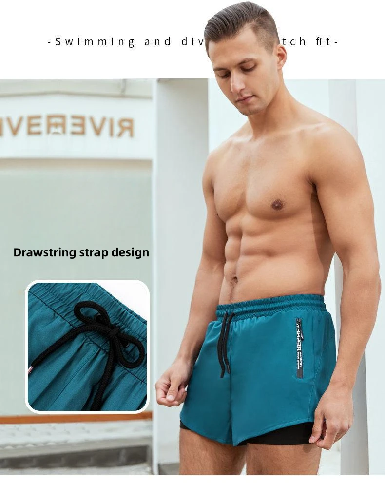 Swimming Shorts Pant Double Layer Anti-Awkward Loose Quick Dry Breathable Men's Gear Beach Trunks Swimming Goggles Zipper Pocket
