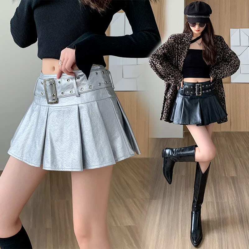 

Women Leather Skirts Vintage Female Streetwear Korean High Waist Fashion Y2k Black Gothic Punk Silver A-line Pleated Mini Skirt