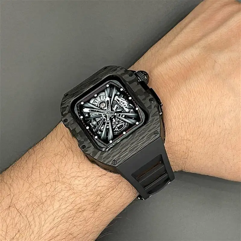 SCHIK Upgrade Carbon Fiber Bumper Case With Rubber Strap,For Apple Watch Ultra 49mm,modified Fluororubber Band With Metal