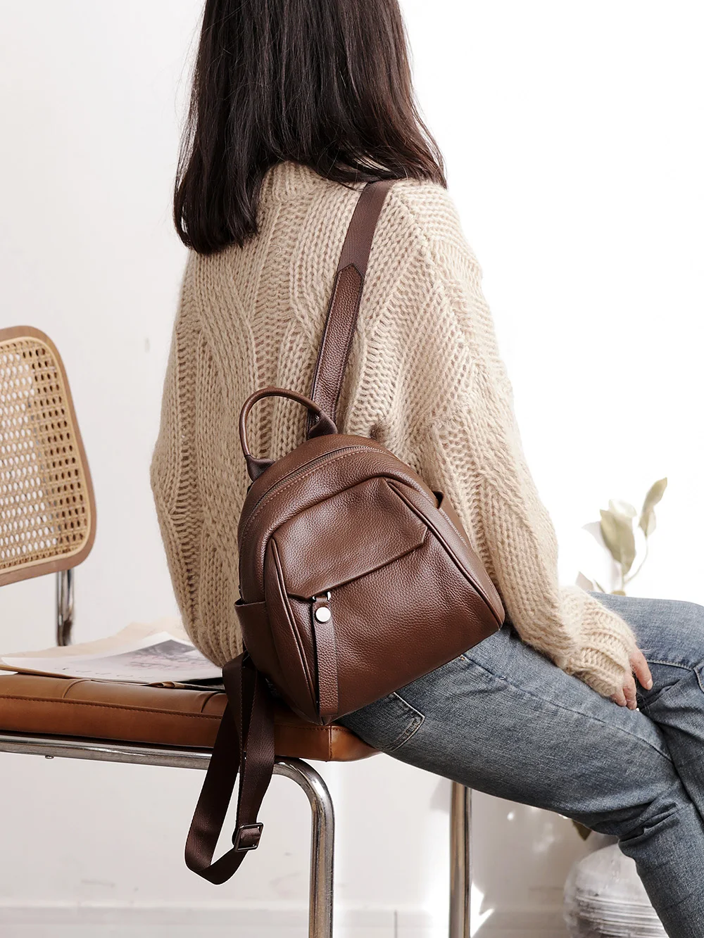 New Simple Blue 2 Size Portable Genuine Leather Fashion Teenage Girl Backpack High Quality Soft Cowskin Women Rucksack Knapsack 5