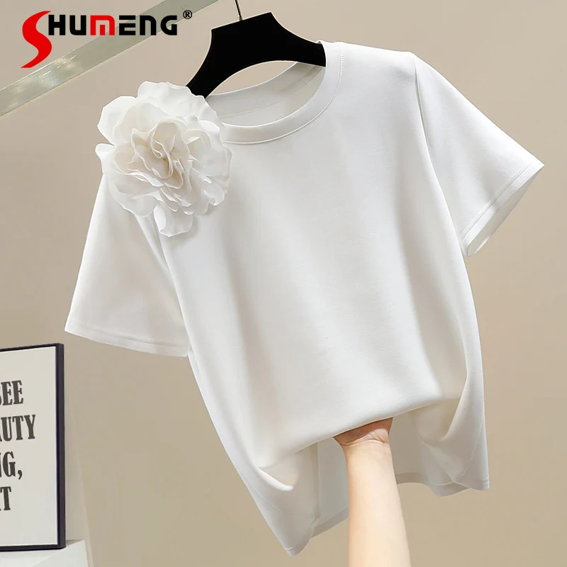 

Fashion Sweet Tridimensional Large Flower Round Neck Pullover Short Sleeve T-shirt Loose All-Matching Youthful-Looking Tops