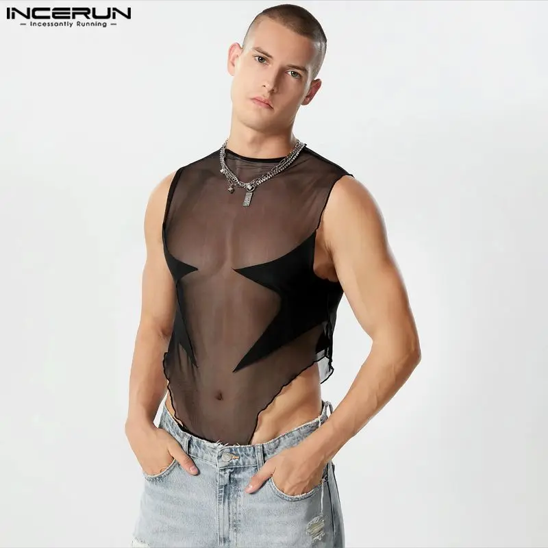 

INCERUN Sexy New Men Homewear Bodysuits Spliced Mesh Perspective Rompers Fashion Casual Male Triangle Sleeveless Jumpsuits S-3XL