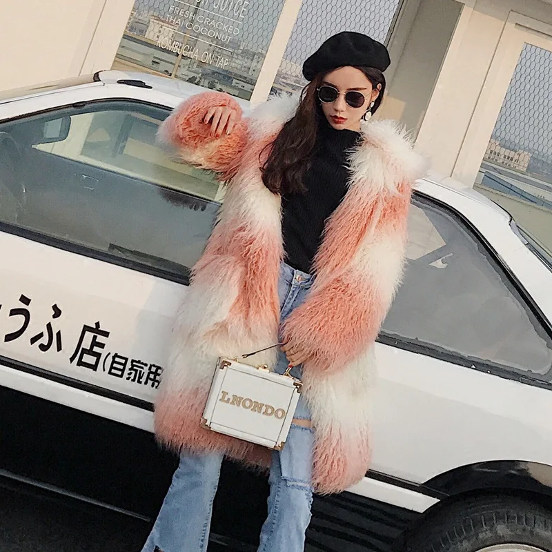2023 Autumn Winter New Women Gradient Color Faux Fur Coat Soft Long Parkas Female Fashion Casual Hooded Thicken Warm Outwear