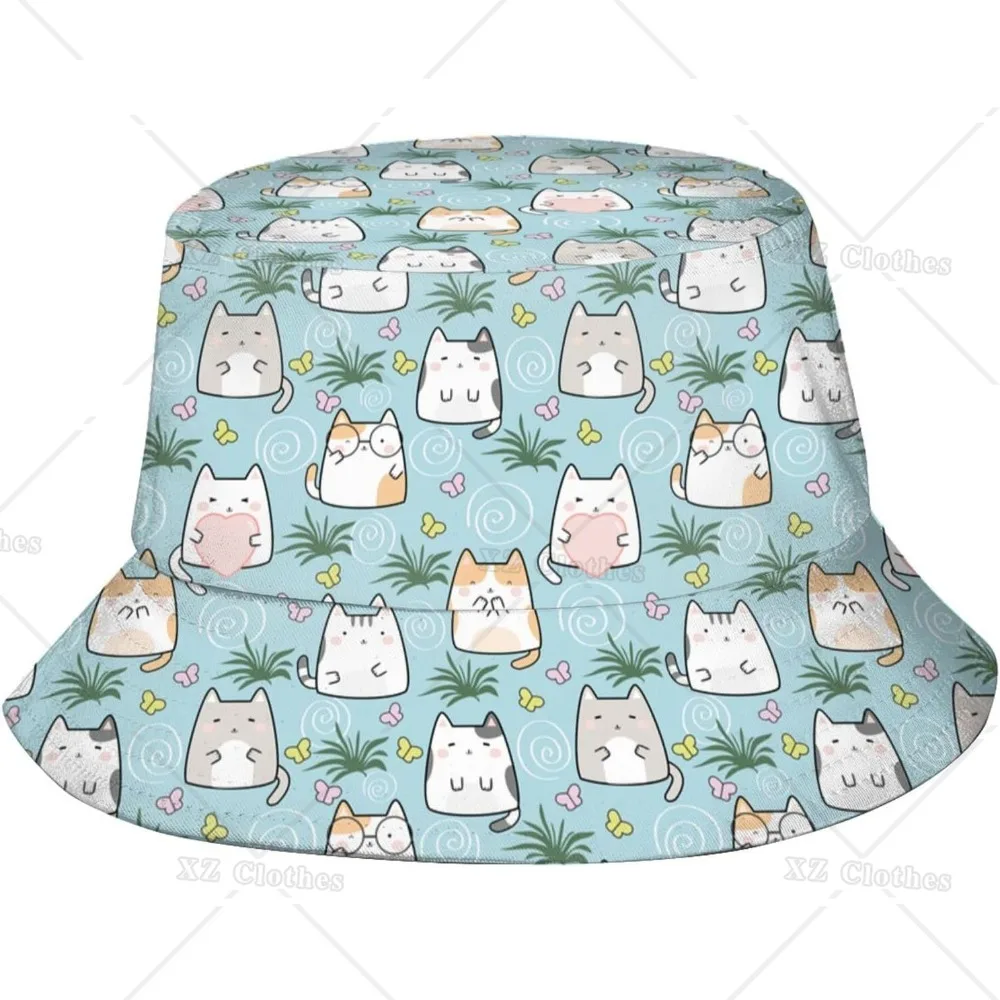 

Cartoon Cat Blue Bucket Hat for Women Men Teens Beach Outdoor Fashion Packable Sun Cap Fishing Caps for Fisherman