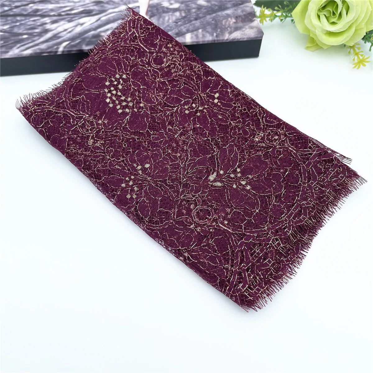 3y/lot Width 9 inch 23cm Burgundy Gold Non-Elastic Eyelash Lace Trim Lingerie Sewing Craft DIY Apparel Fabric Lace Garment Acce 4