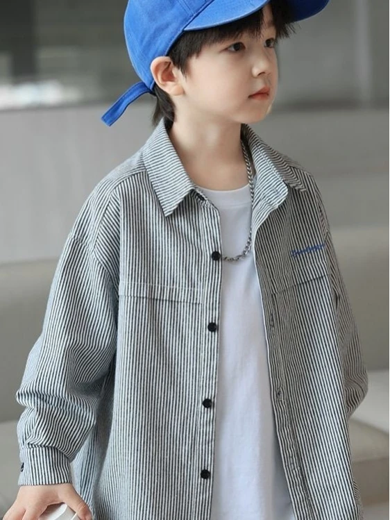 봄 여름 소년 스트라이프 긴팔 셔츠 아동복 한국 스타일 봄 가을 얇은 아우터 2..