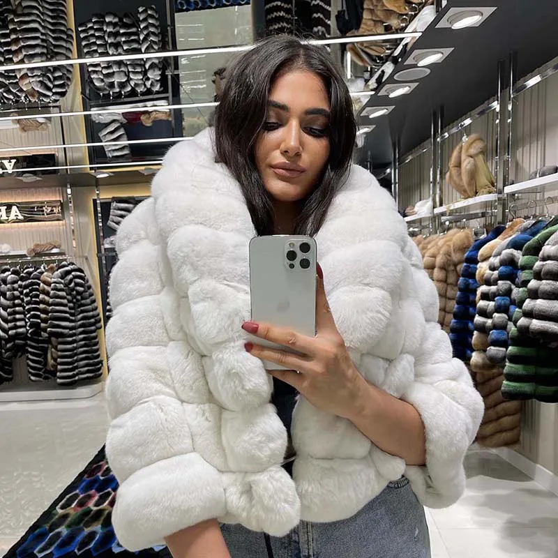 Lapel Loose Natural Rex Rabbit Fur Coat Women Winter Fashion New Solid Casual Luxury Tops Genuine Cozy Real Fur Jacket Female