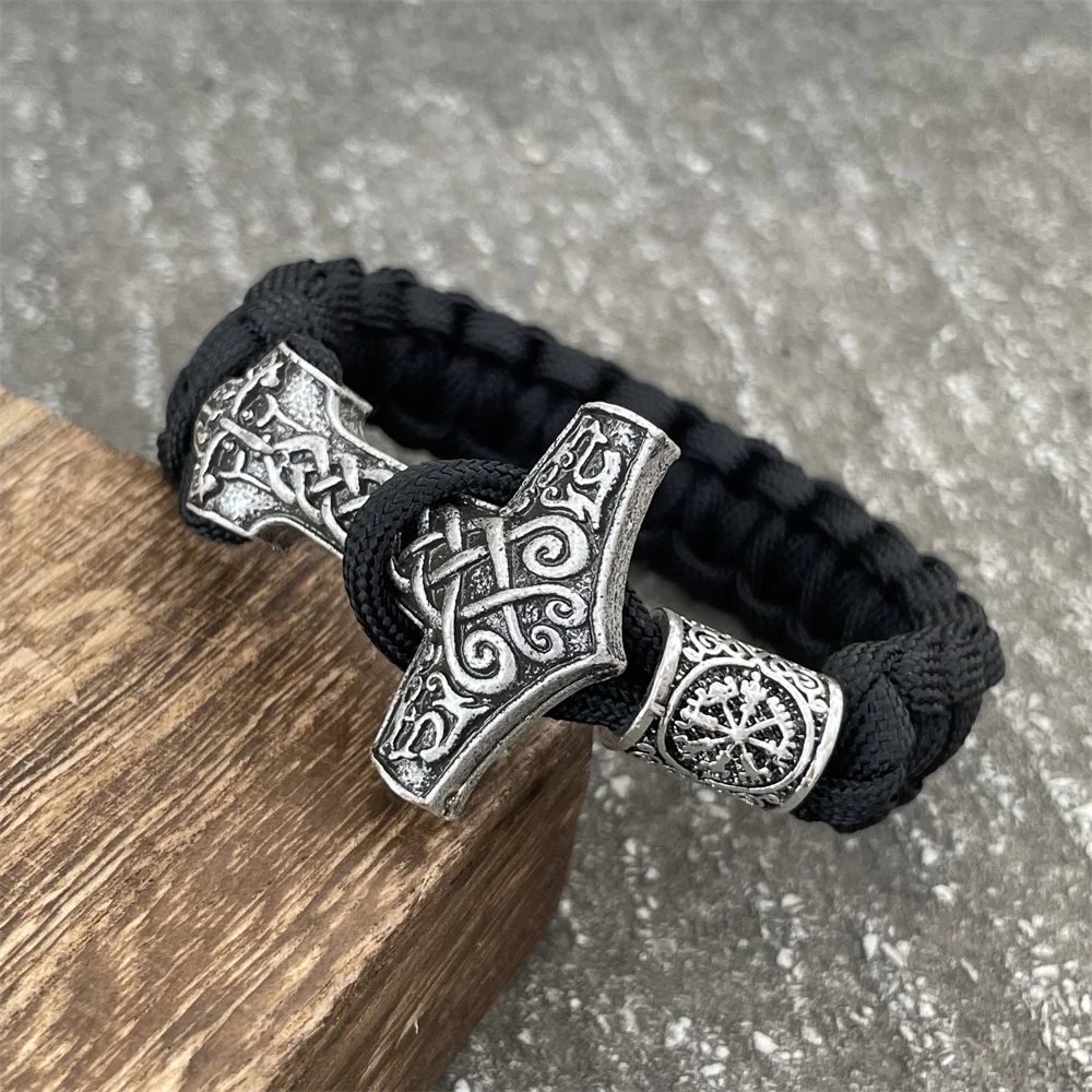 Odin Thor Hammer Mjolnir Jewelry Wolf Knots Amulet Norse Runes Beads Accessories Mens Womens Paracord Viking Bracelet Dropship 2
