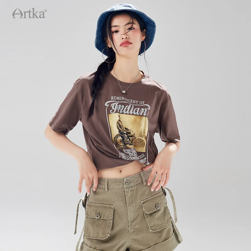 

Женская футболка с круглым вырезом ARTKA, белая Свободная Повседневная футболка с коротким рукавом, в американском стиле, TA92339X, на лето 2023