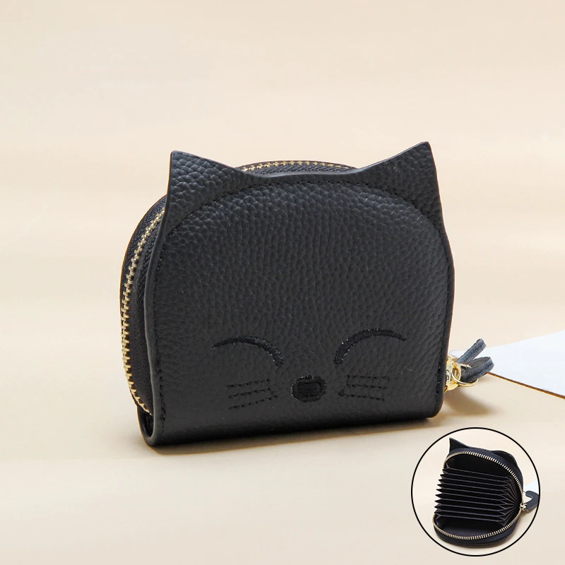 Credit Card Holder for Women Cute Small Ladies Cat Girls Female Genuine Leather Cardholder Wallets 2024 New Card Bag