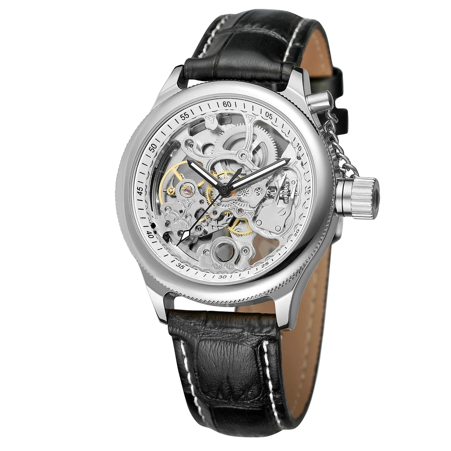 FOESINING Modische, lässige Herrenuhr, silbernes, rundes Gehäuse und Zifferblatt, schwarzes Lederarmband, automatische, mechanische Uhr, Urlaubsgeschenk_voghion.com