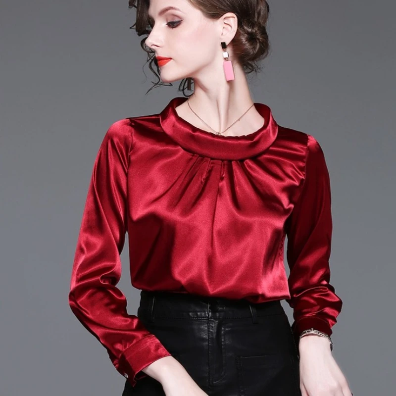 Chemisiers en satin de soie à manches longues pour femmes, taille slim, grandes tailles, chemisiers de bureau pour femmes, chemisiers en mousseline élégants, blusa feminina