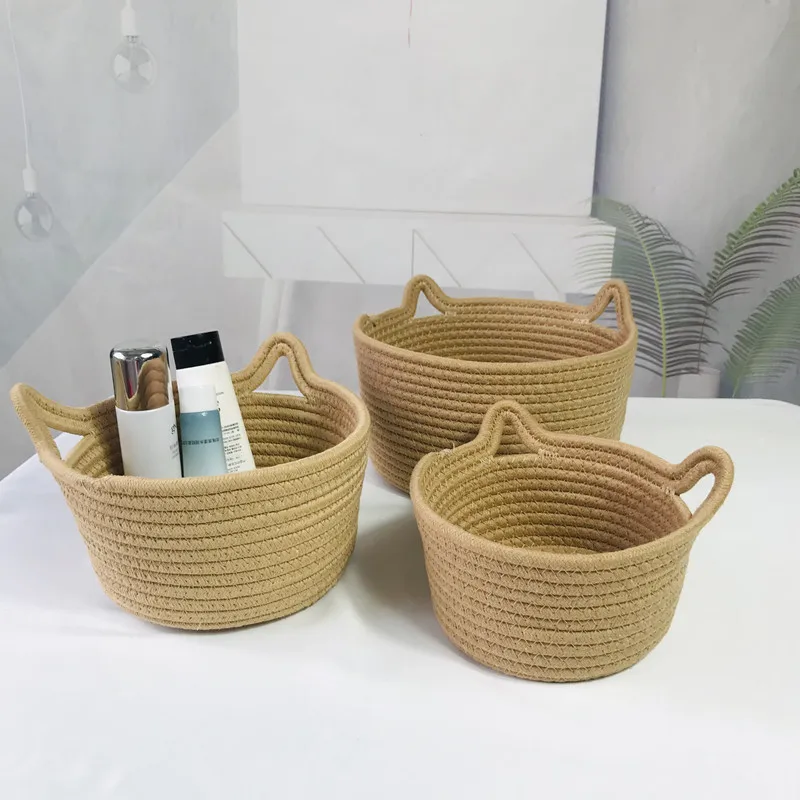 

Nordic Desktop Decorate Basket Cotton Rope Woven Cat's ear Storage Baskets Sundries Cosmetics Storage box dresser organize Boxs