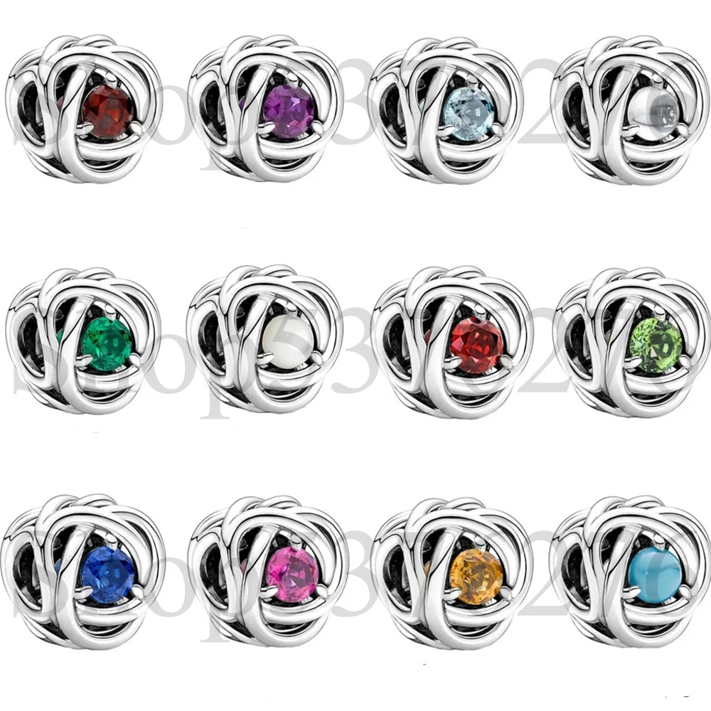 Real 925 Sterling Silver Bead Eternity Circle Twelve Months Birthstone Charm Fit Pandora Women Bracelet Bangle Gift DIY Jewelry