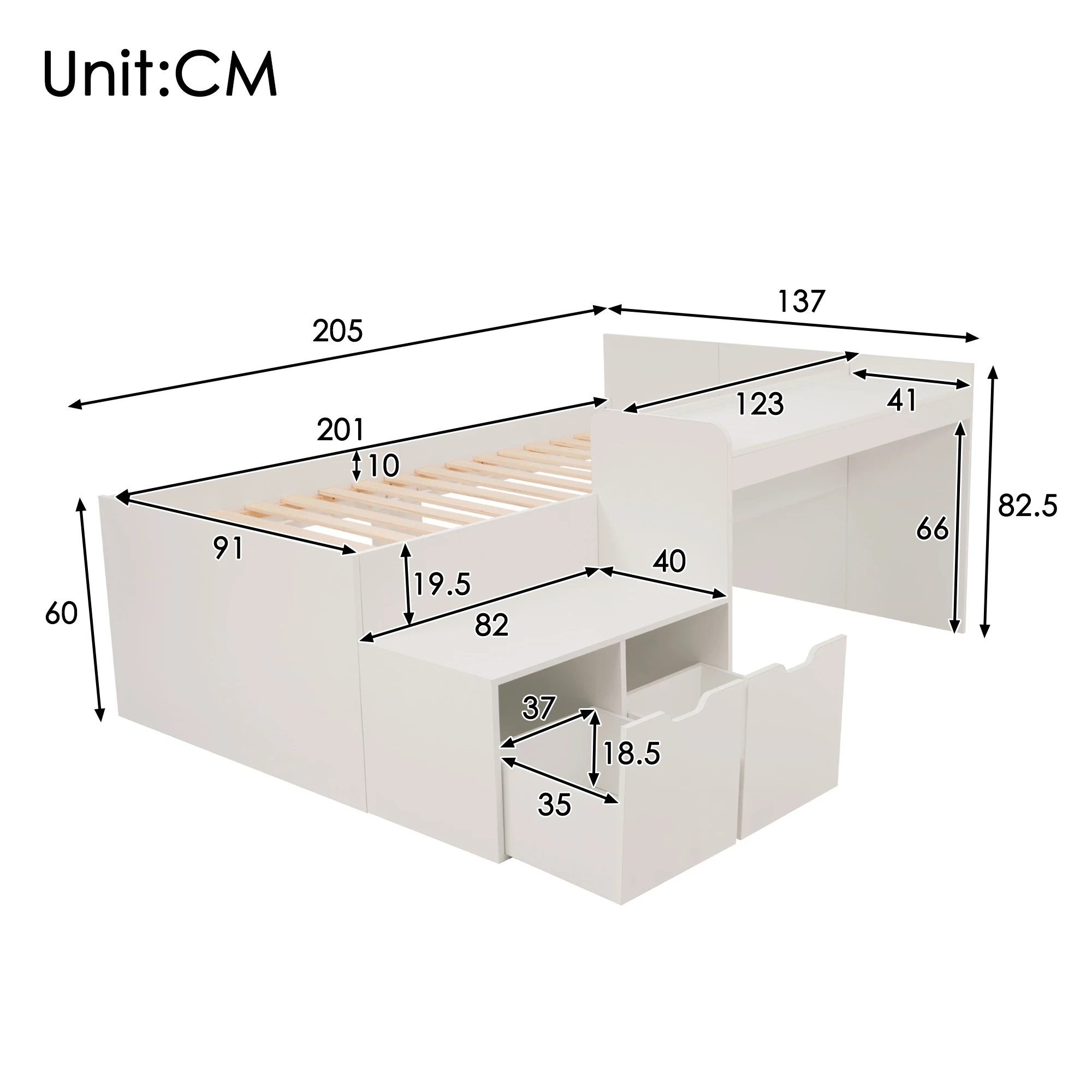 KOMHTOM Kinderbett Einzelbett 90x200 cm Weiß - Schreibtisch und Schubladen, Stauraumbett, ohne Matratze – Detail 8