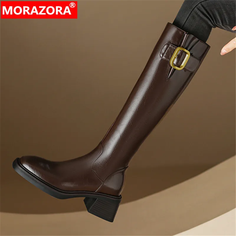 

MORAZORA 2023 New Popular Genuine Leather Winter Boots Woman Zipper Knee High Boots Ladies Thick High Heels Platform Shoes