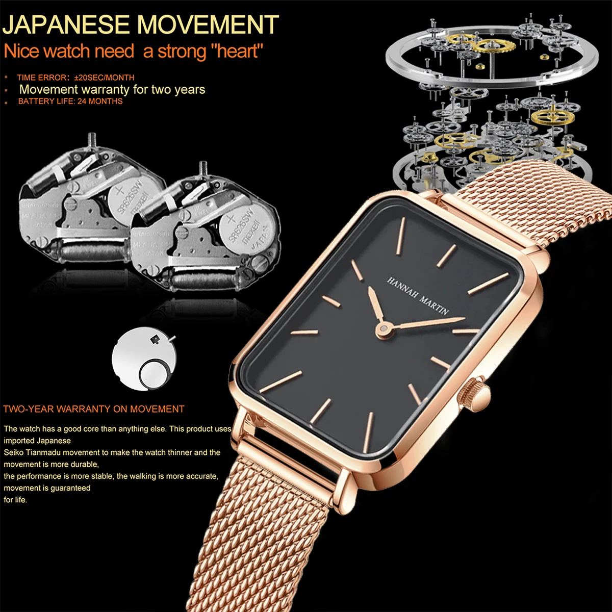 Square Women Stainless Steel Mesh Strap Watch Fashion Japanese Movement Rose Gold Simple Leisure Fashion Hannah Martin Watches 5