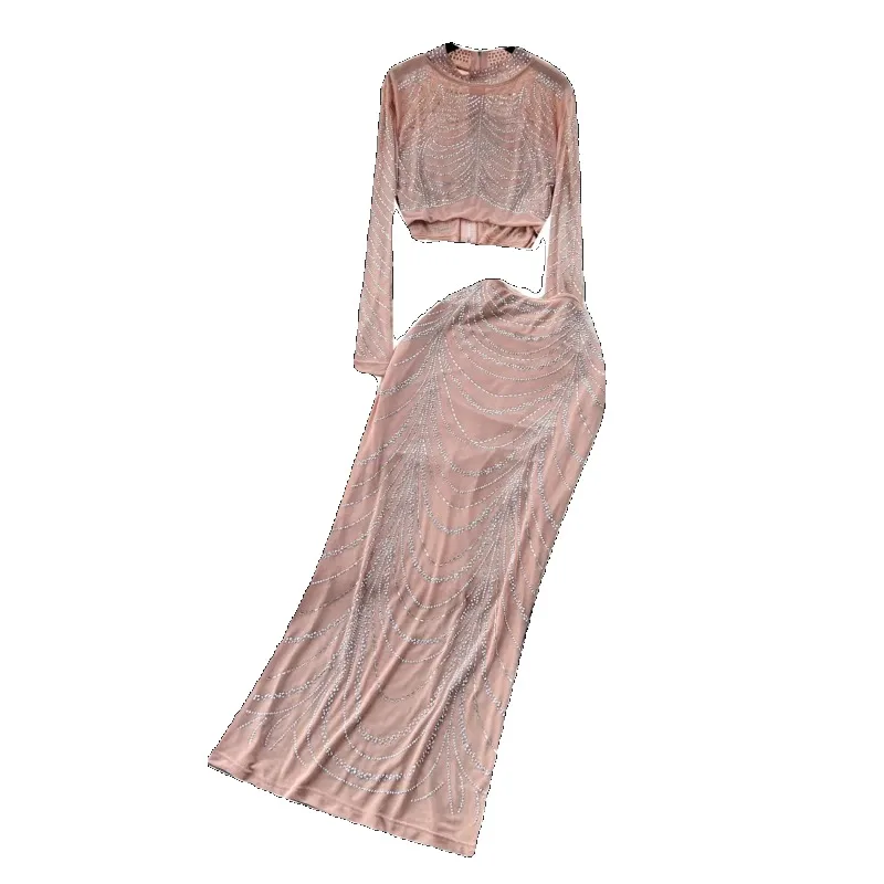 Long Sleeve Top Versatile Harajuku Fashion Maxi Skirt Mesh Two Piece Set A Line Midi High Waist Jupe Clothing Feminino Lady Suit