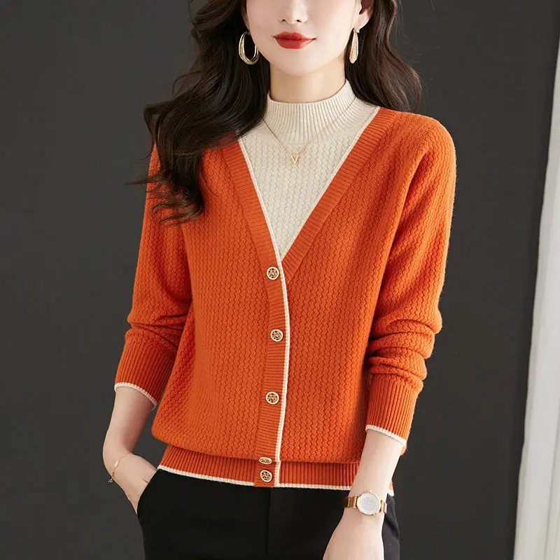 

Fashion Spliced Button All-match Fake Two Piece Sweater Women's Clothing 2023 Autumn Winter New Casual Pullovers Commute Tops