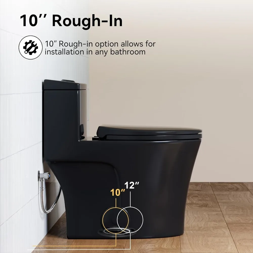 Elongated One Piece Toilet 10" Rough-in, Matte Black Toilets, Powerful Dual Flush Modern Toilet 2