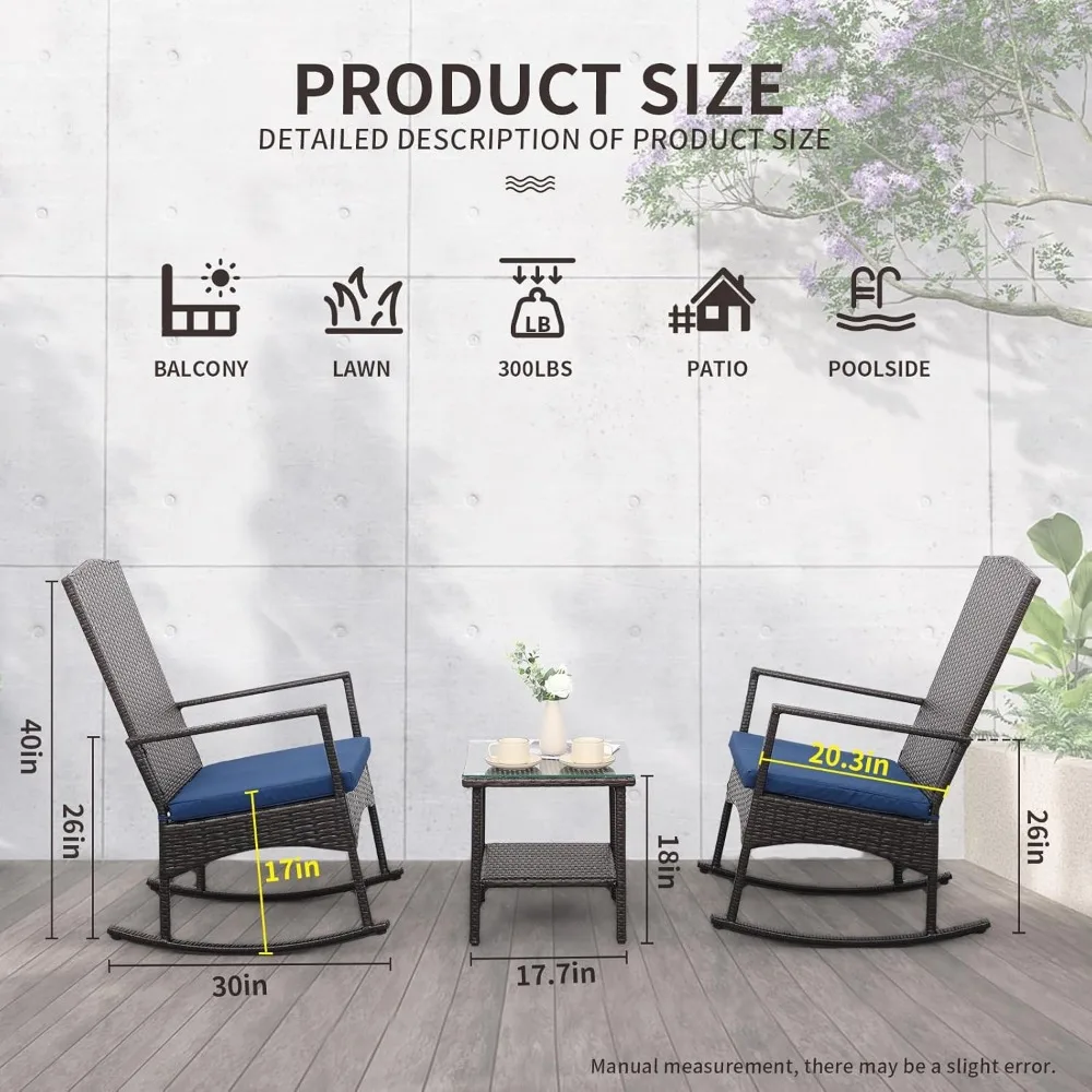 Outdoor Rocking Chair 3 Piece Porch Chairs PE Wicker Patio Bistro Set Brown Rattan Furniture Sets with Coffee Table, Navy 3
