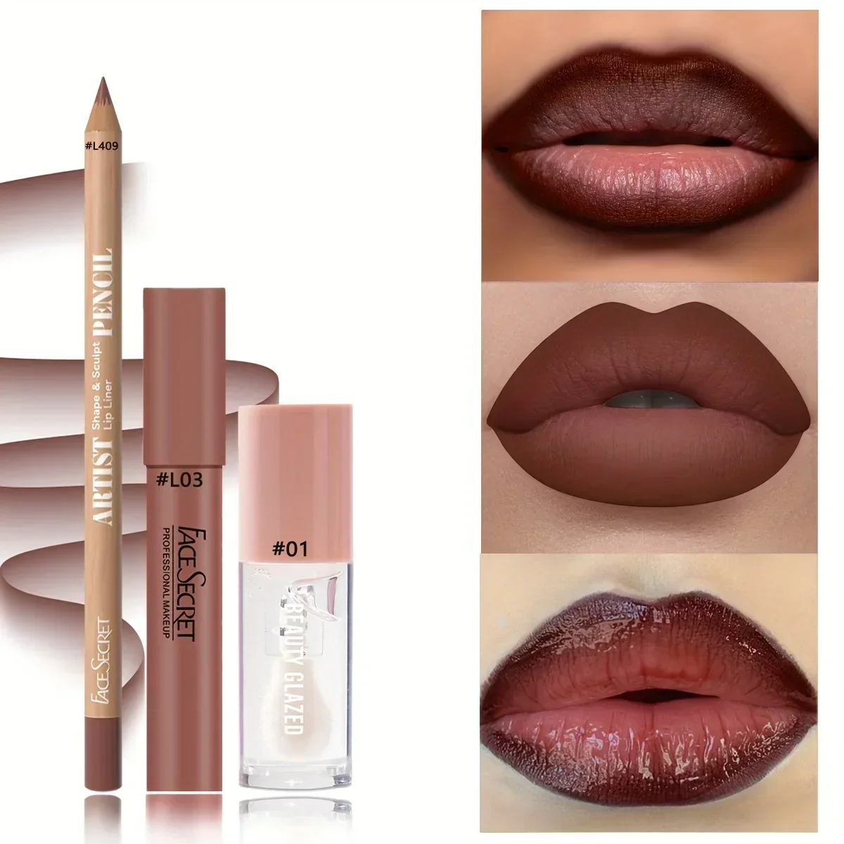3pcs Lip Liner Lipstick Set,Velvet Silky,Long-Lasting Waterproof,Includes Lip Liner, Moisturizing Oil & Glossy Lipstick