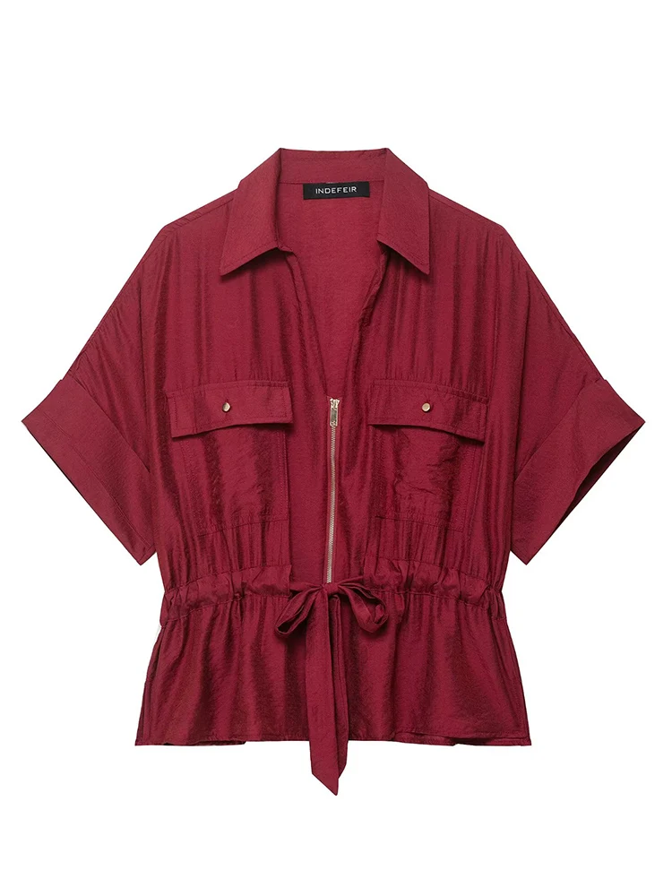 TFMLN Women Wide Leg Pant 2 Pieces Sets Short Sleeves Zipper Shirt Straight Elastic Waist Trousers Chic Safari Style Lady Casual