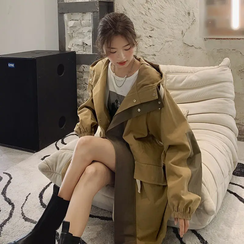 

Женский свободный тренчкот средней длины, Повседневная ветровка с капюшоном, модель Z657 в Корейском стиле на весну и осень, 2023