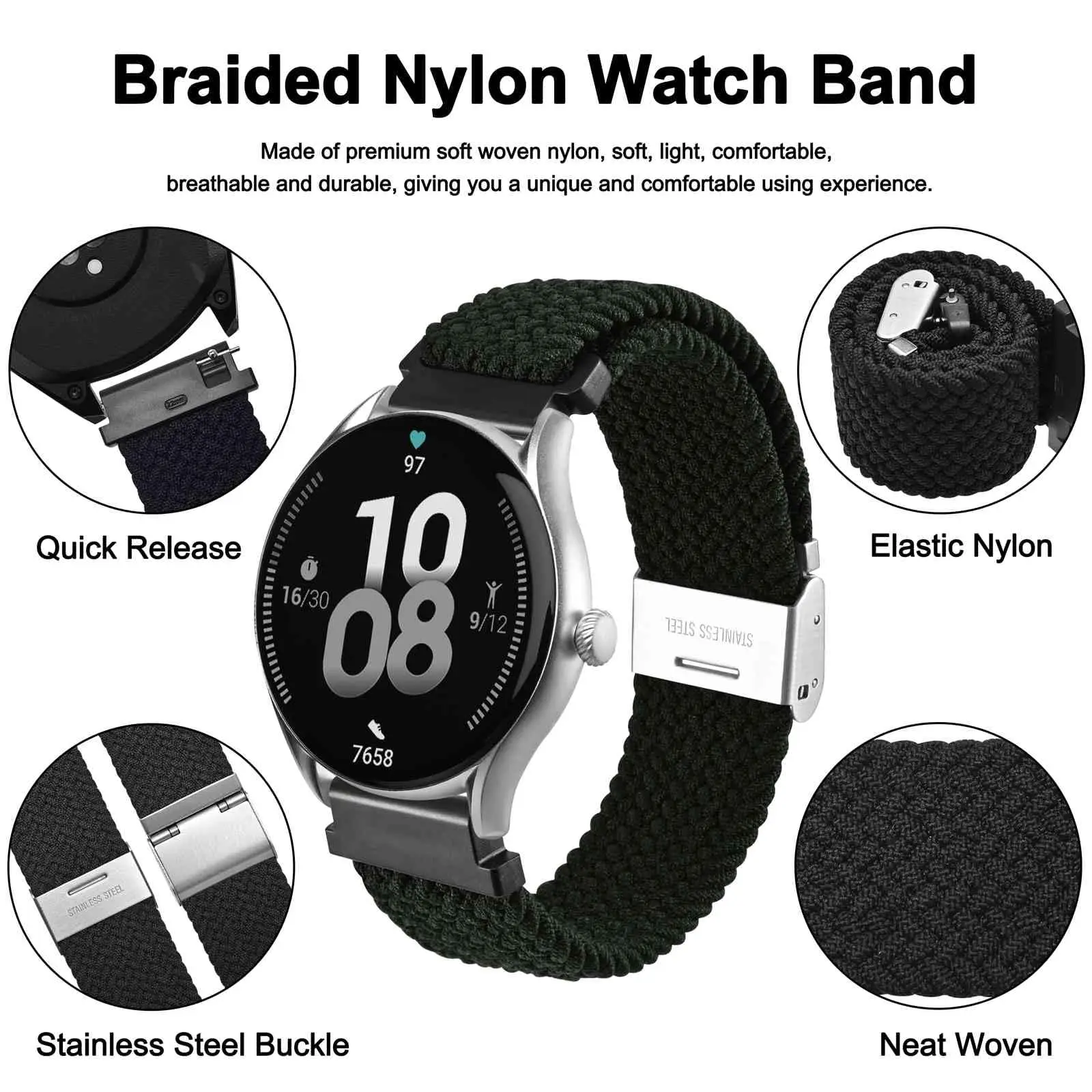Braided Nylon Watch Band with Quick Release and Silver Stainless Steel Buckle, 20mm