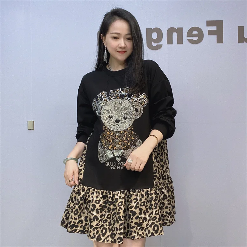

Leopard Spliced A Dress Women Sequins Diamonds Pattern Spring Autumn Pullovers Dress Long Sleeve Loose Dress Pregant Clothes