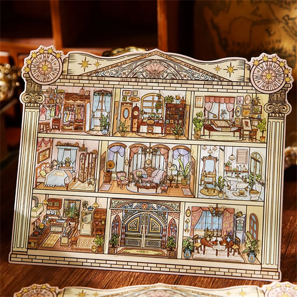 귀여운 빈티지 맨션 3D 싱망 맨션 풍경 스티커 DIY 포켓 캐빈 장면 축제 선물