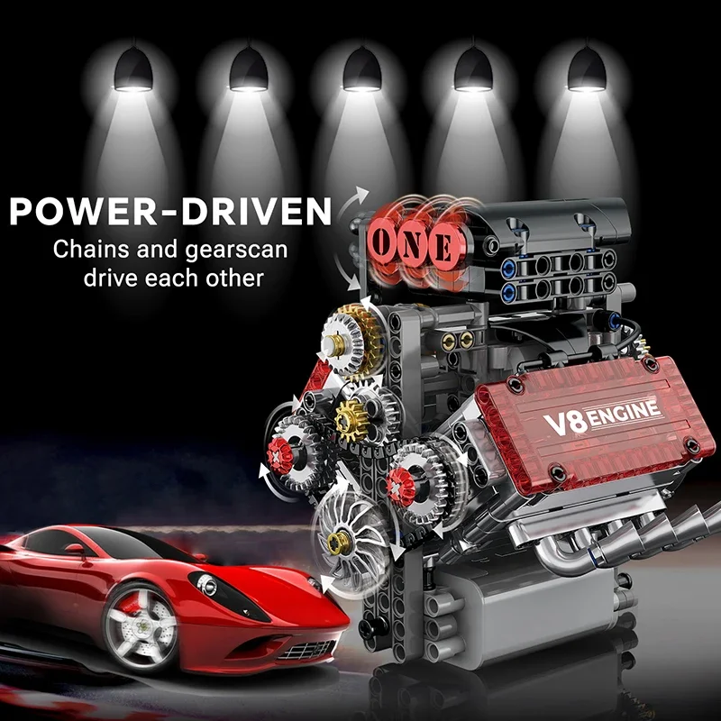 Brick V8 Engine Motorized Simulation Model Electrically Drive Building Blocks Technical Car Parts Creative Toys Gifts_voghion.com