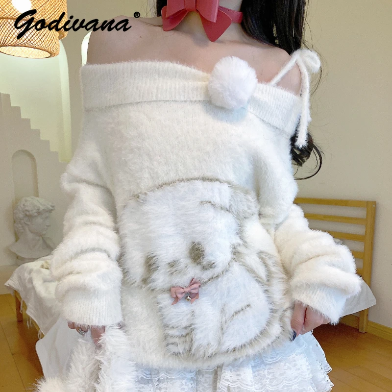 

New Autumn and Winter Off-Shoulder Girls Furry Sweater Cute Cartoon Dog Loose Casual Women's Knit Sweaters Tops