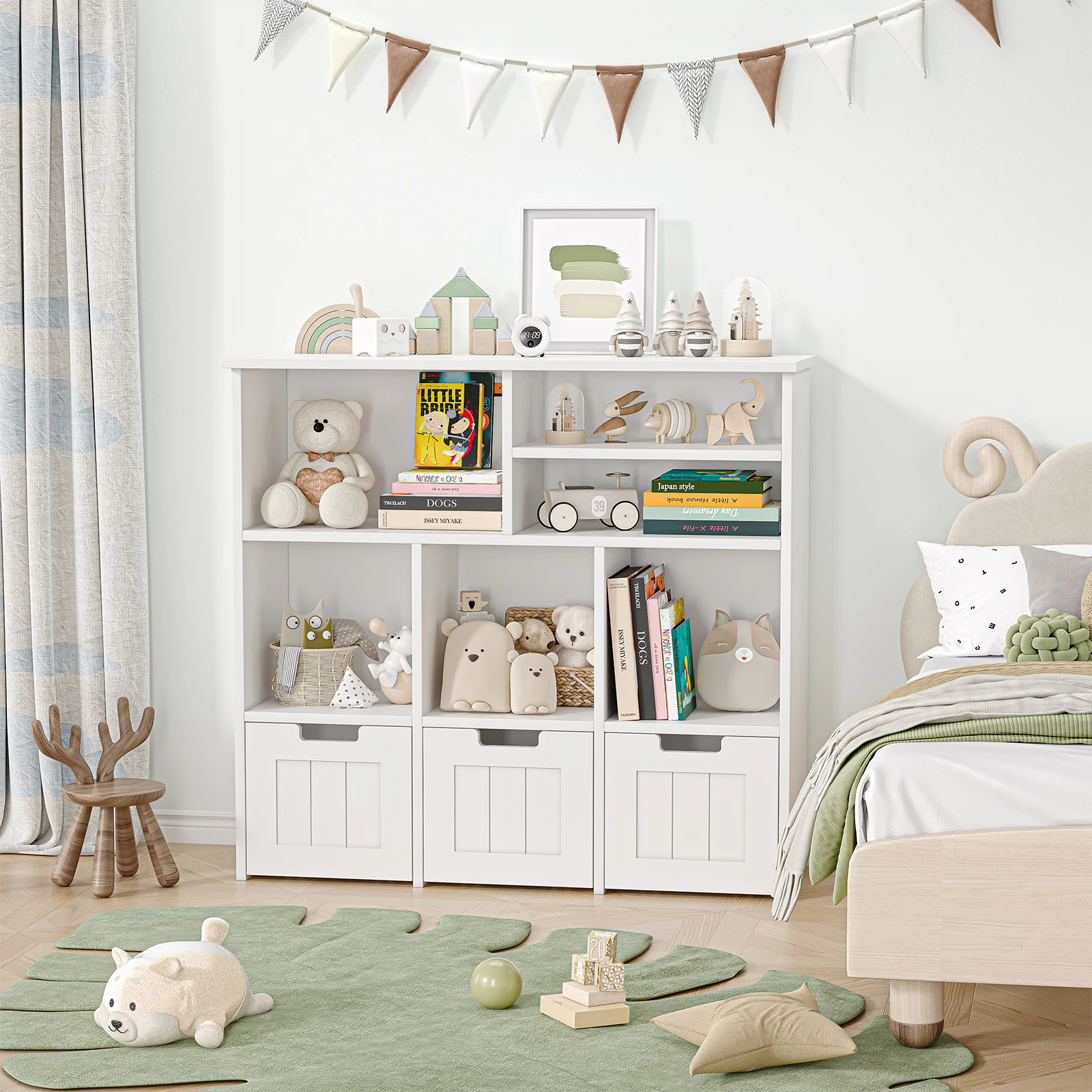 Kids Bookshelf Toy Storage Cabinet with 3 Movable Drawers & Hidden Wheels Toy Chest with 6 Storage Cubbies Toy Storage Organizer 4
