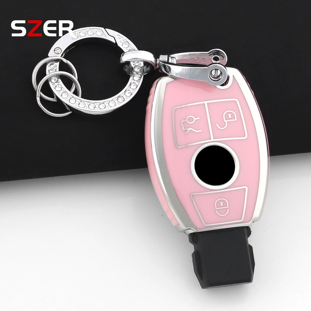 Pink TPU Car Key Case Shell Keychain for Mercedes-Benz Accessories