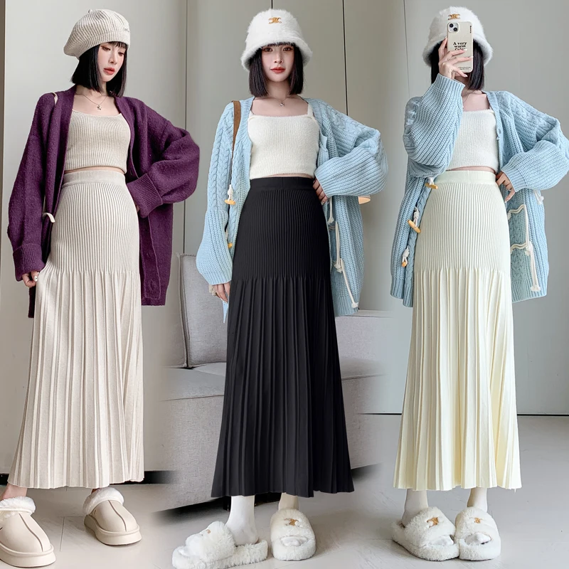 Maternity Clothing Autumn Winter New Knitted Wool Pleated Skirt Casual Slimming Loose A-line Skirt for Pregnant Women Pregnancy