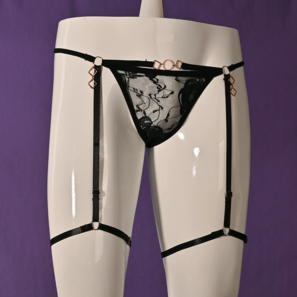 Mens Sexy Lace Perspective Thong Panteis Leg Loop Stretchy Suspender Underpants Sissy Underwear Garter Belts Erotic Lingerie