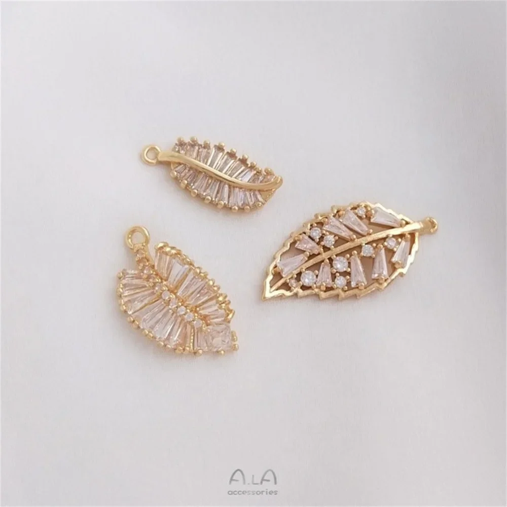 

14K Gold Inlaid Zircon Leaf Pendant Handcrafted DIY Bracelet Necklace Earrings Pendant K192