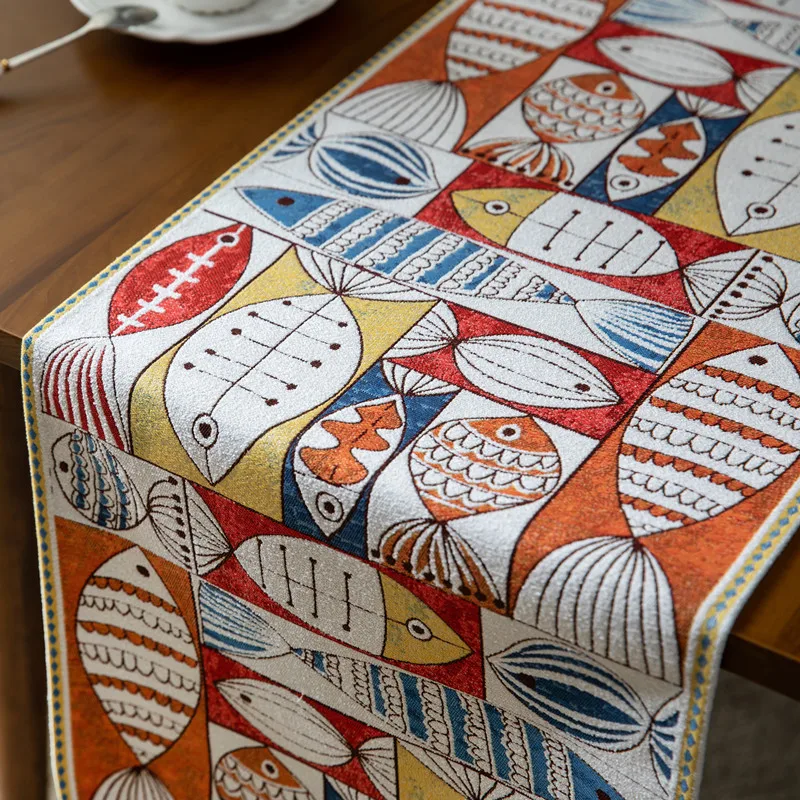 Retro Fish Table Runner Chenille Tassel Table Flags Nordic Pattern Runners Home Decorative Cloth for Dining Room