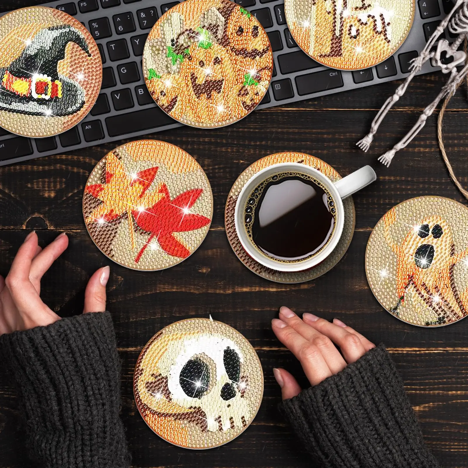 Halloween Diamond Painting Coasters, 8Pcs Halloween Diamond Art