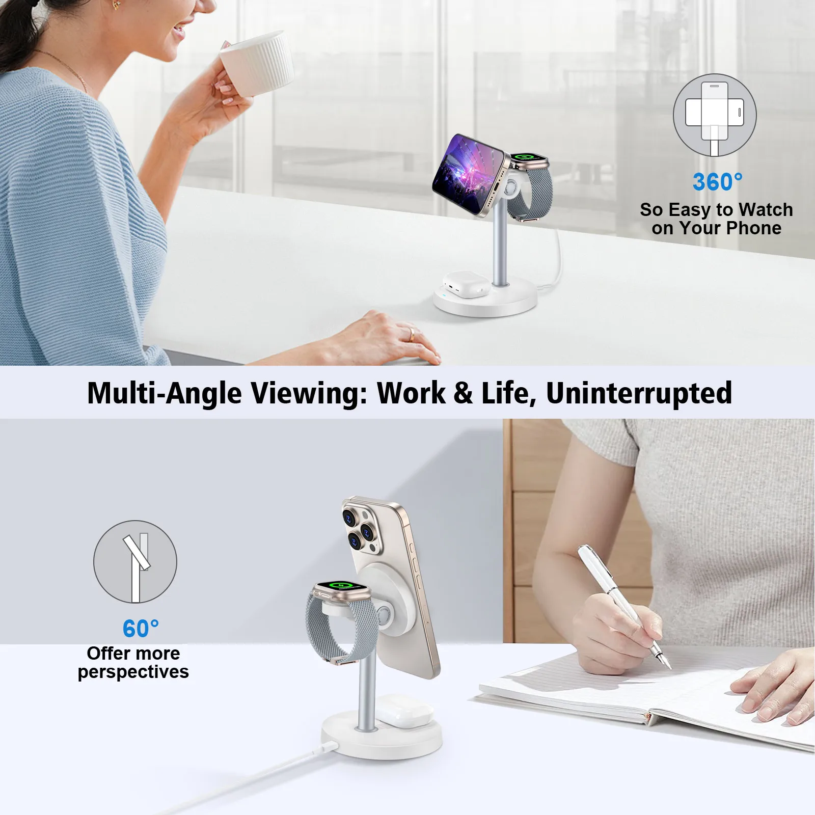 15W Magnetic Wireless Charger Travel 3 in 1 Quick Phone Chargers for Magsafe iPhone 16/15/14/13/12 Apple Watch 9 AirPods Pro 4/3