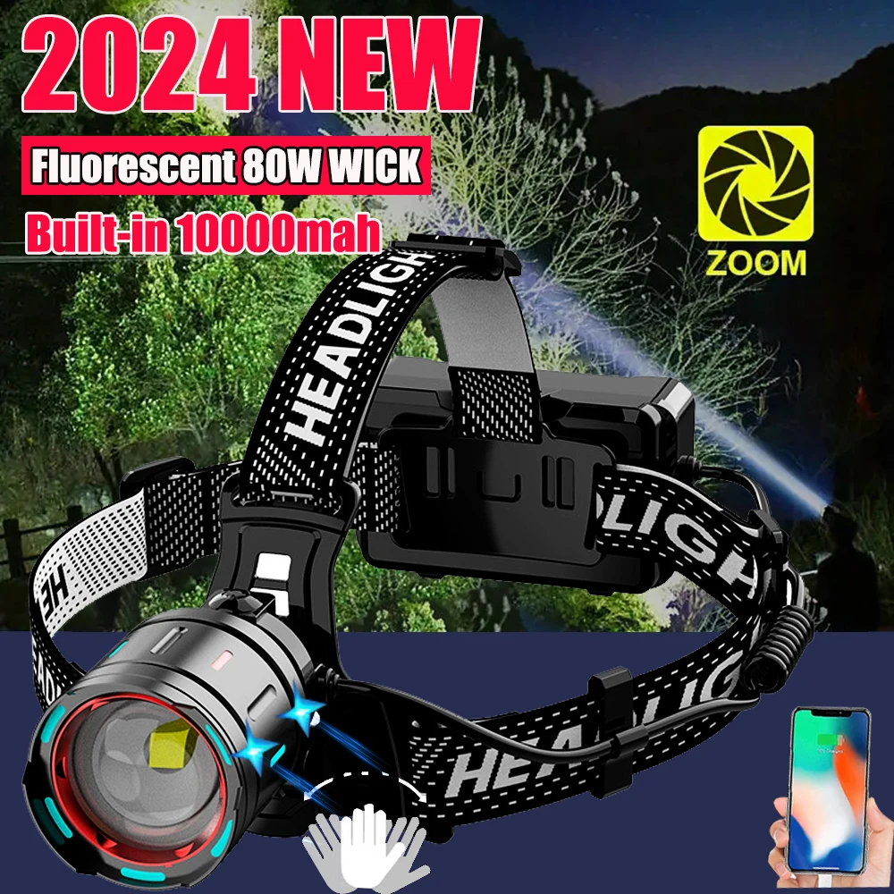 

300000 High Lumen LED Senson Headlamp 80W with fluoresce Headlamp Flashlight Zoom IP68 Waterproof Head Lamp for Camping, Hunting