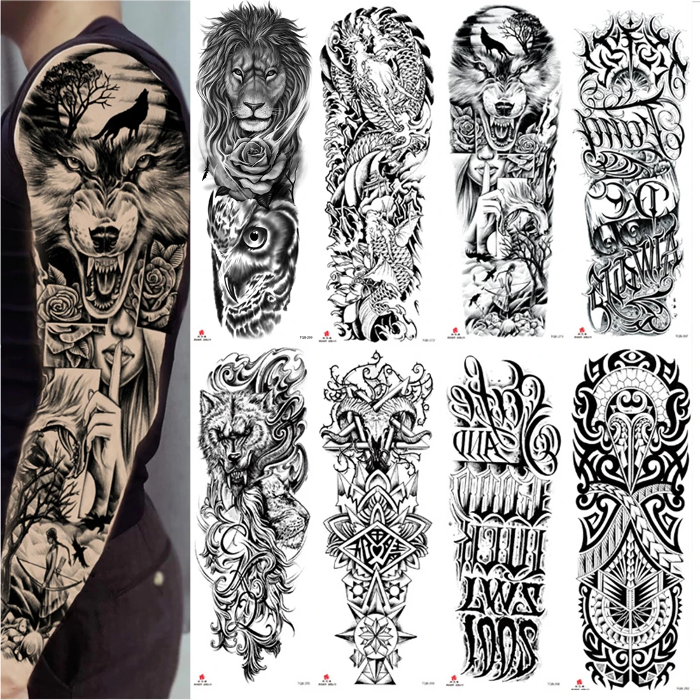 Tatuaggio temporaneo a braccio pieno lupo leone corna di pesce geometrico  uomo corpo gamba fiore rosa fenice adesivo impermeabile Cool Women Tatoo -  AliExpress, image size:1000x1000